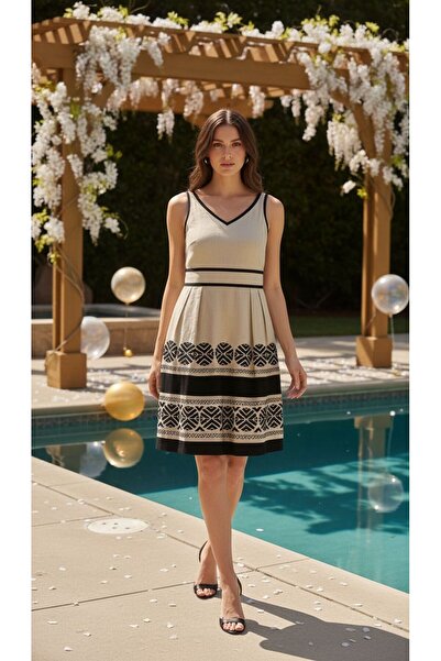 Gönülden Tasarım Patterned Pleated Linen Women's Dress M/L