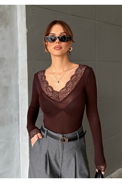 BEJNA Women's V-Neck Lace Transparent Blouse