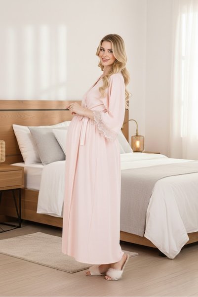 Lohusa Homewear New Season Powder Short Sleeve Summer Lace Full Length Design Maternity Maternity Dressing Gown Nightgown Set of 2