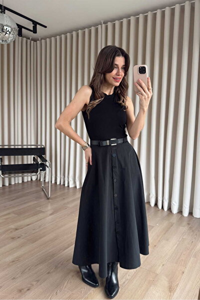 Sue Store Black Skirt with Button Detail and Belted Poplin Dress