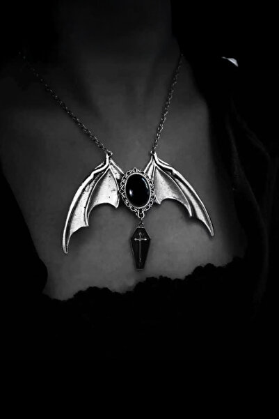 Karakedi Silver Gothic Vampire Bat Black Stone Coffin Cross Pendant