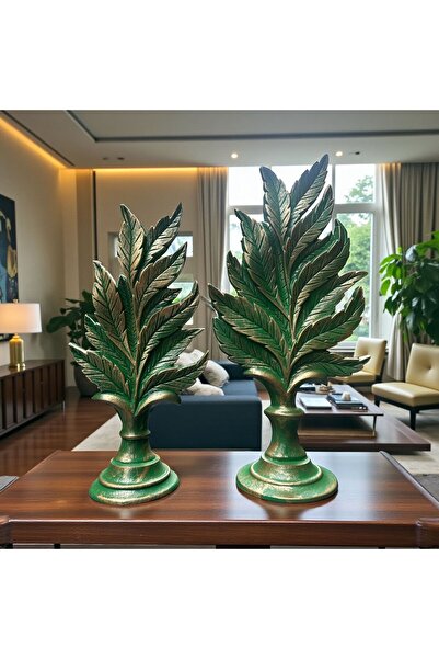 Peramari Dekoratif Polyester İkili Dik Yaprak Set Yeşil Gold Eskitme