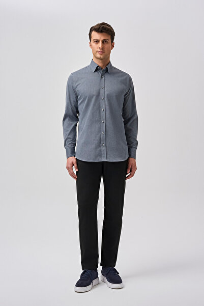 Bisse Studio Men's Regular Fit Long Sleeve Navy Blue Pocketless Shirt