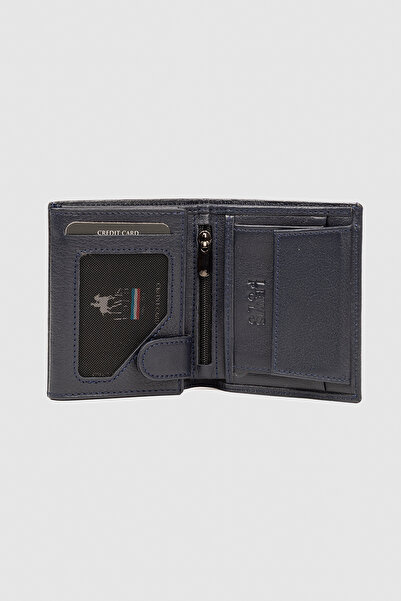 LEWİS POLO محفظة رجالية عملية من الجلد الطبيعي بلون أزرق داكن مع العديد من حا...