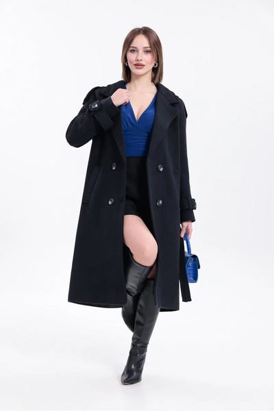 ışık tesettur Morena Yeni Sezon Regular Fit Siyah Düğmeli Uzun Kaşe Kaban (Ye...