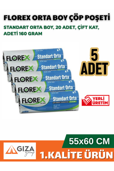 Florex Standard Medium Size (55x60 Cm) Black Garbage Bag 5 Rolls 20*5=100 Pieces