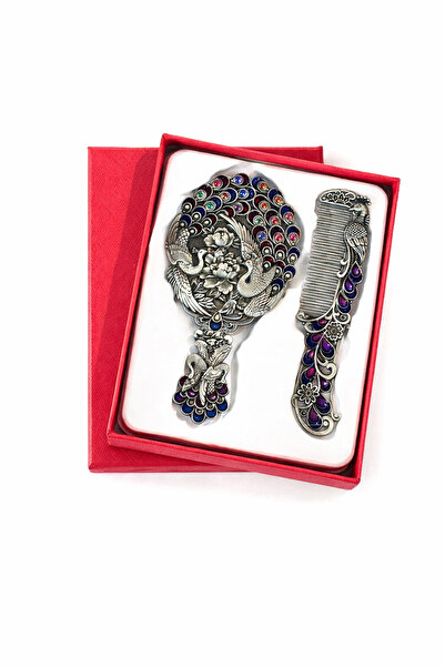MD Moda Accessories Tavus Kuşu Motifli Vintage Ayna ve Tarak Seti