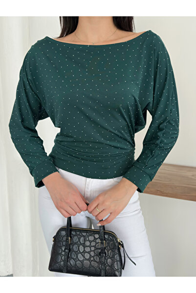 Nazline Women's Brown Batwing Sleeve Stone Detailed Boat Neck Blouse Vs01547