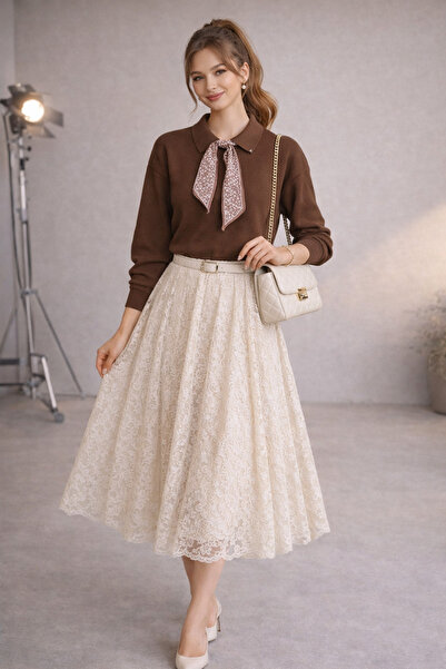 MOONBULL Kadın Polo Yaka Fular Detaylı Triko Kazak