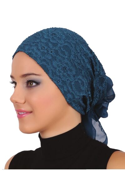 elysianfidan Lace Tulle Petrol Ready-To-Wear Turban Hijab Bonnet Suitable for...
