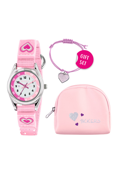 Tikkers Girls Pink Canvas Rip Strap Heart watch, purse, and bracelet set