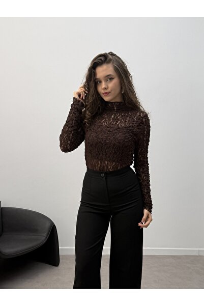 mfkeskin Dantel Crop Body-Kahverengi