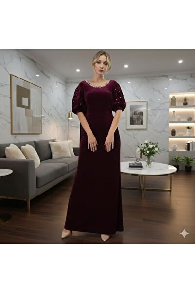 FULLJOY فستان سهرة مخمل أنيق بياقة دائرية وأكمام قصيرة منفوخة مزخرفة ,فستان عصري