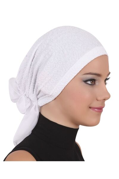 elysianfidan Brocade Tulle White Ready-To-Wear Turban Hijab Bonnet Suitable f...