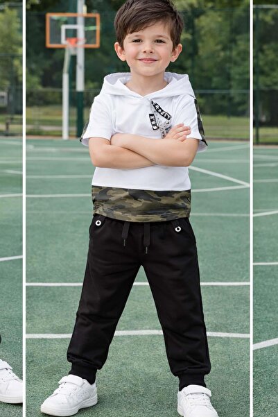 Riccotarz Boy's Hooded and Camouflage Patterned T-Shirt with Elastic Cuffs Bl...