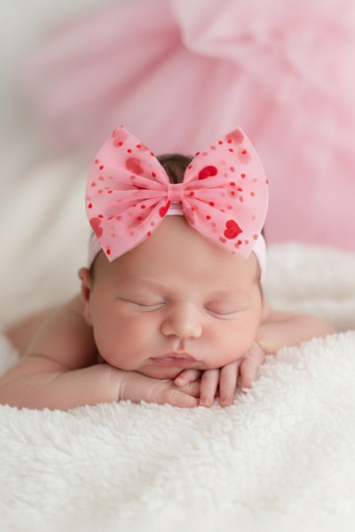 chipiques Large Size Velvet Heart Patterned Pink Tulle Bow Baby Headband - (1...