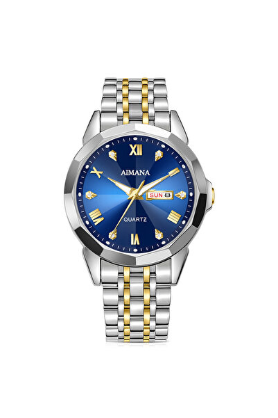 AIMANA Men's Business Quartz Watch, Two-Tone Steel Strap, Blue Dial with Dual...