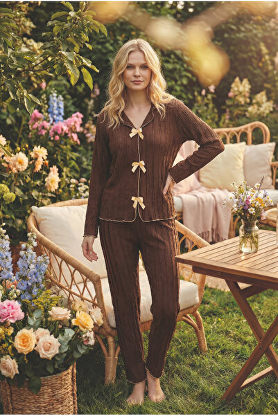 rindahomewear Brown Tulle Fabric Long Sleeved Pajama Set with Bow Detail