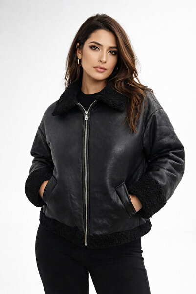 SHCENİ Women's Black Fur Detailed Faux Leather Pilot Coat – Oversized Fit, St...