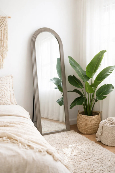 MARIA HOMES Modern Arched Full Length Standing Mirror 180x70cm Grey Wood Fram...