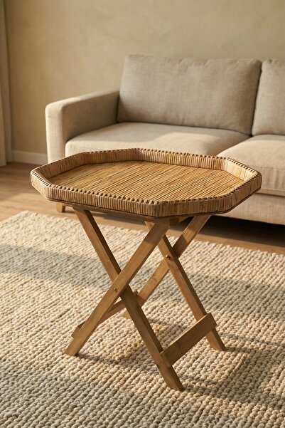 ACAR Aura Ahşap Ayaklı Hasır Sehpa - 62 cm