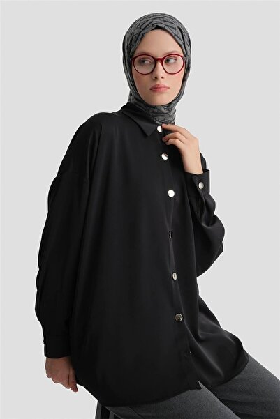 Armine Metal Düğmeli Oversize Tunik Siyah