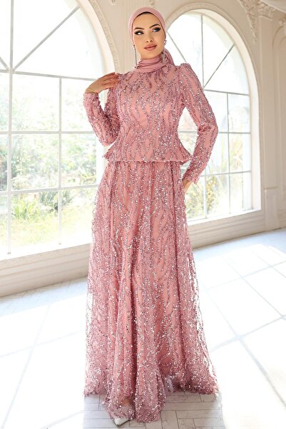 Olcay Pul ve Güpür Detaylı Exclusive Tesettür Abiye Elbise PUDRA 1057