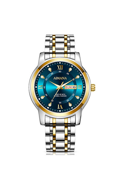 AIMANA Men's Two-Tone Steel Watch, Teal Dial with Dual Calendar, Waterproof C...