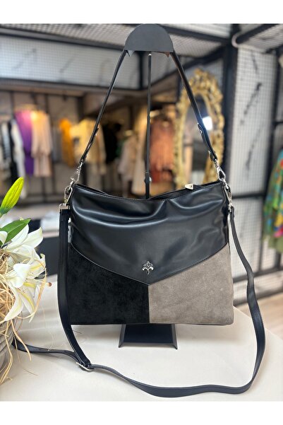 Jacquline Siyah & Gri Süet Detaylı Ayarlanabilir Askılı Omuz ve Çapraz Çanta