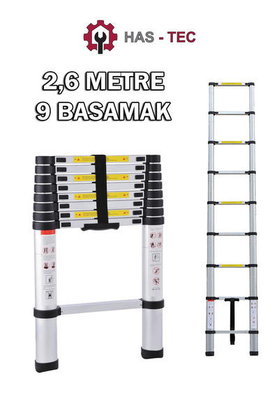 HAS-TEC 2.6 Metre 9 Basamaklı Düz Uzayan Teleskopik Merdiven 2.6 m