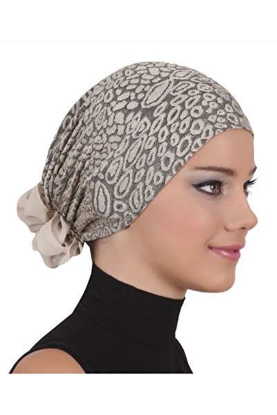 elysianfidan Brocade Tulle Beige Ready-To-Wear Turban Hijab Bonnet Suitable f...