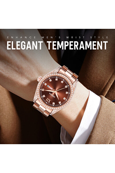 AIMANA Men Rose Gold Quartz Watch with Diamond Accents, Day & Date Display
