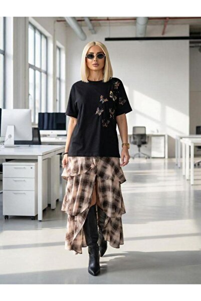 Kokoşum Butik 7438 Tricou cu mai mulți fluturi Negru