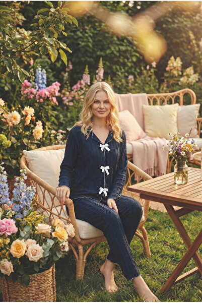 rindahomewear Set de pijamale cu mânecă lungă, din țesătură albastru închis, ...