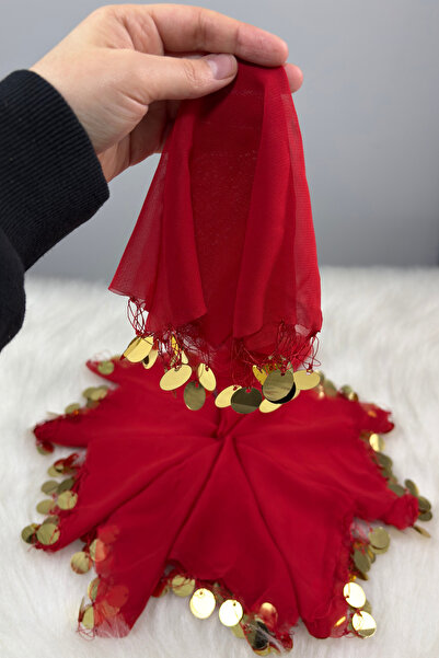 AZREN STORE Kırmızı Şifon Halay Mendili Gold Pullu Sünnet Nişan Bride Kına Dü...