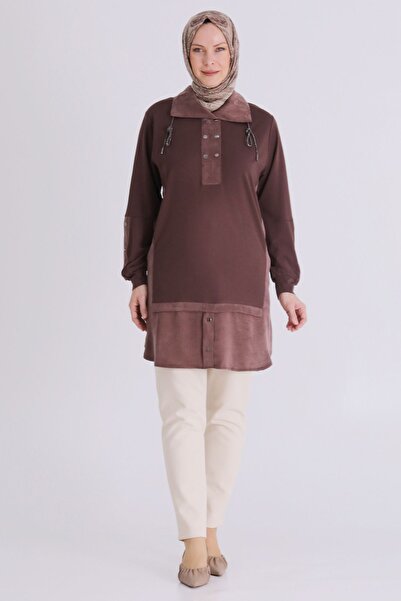 behrem Plus Size Collared, Half Snap, Stone Lace Accessory Hijab Tunic 20136