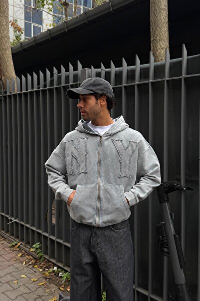 Flaw Wear Ny Embroidered Zip Hoodie Gray