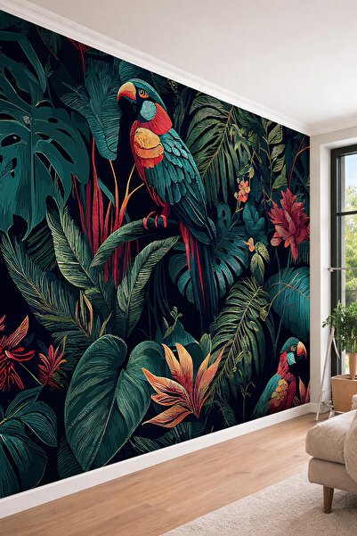 dreamwall Tropikal Orman- Papağan ve Egzotik Yaprak Desenli Modern Tek Parça ...