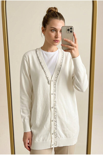 Kirazca Butik Women's Mercerized Knitwear Stone Embroidered Buttoned Cardigan