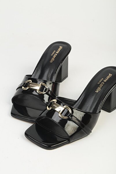 Pierre Cardin Women's Black Patent Leather Heeled Slippers Pc-55761