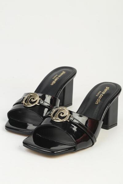 Pierre Cardin Women's Black Patent Leather Heeled Slippers Pc-55760