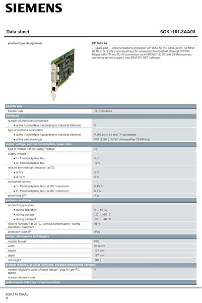 Siemens 6GK11613AA00, COMMUNICATION PROCESSOR CP 1613 PCI CARD (32BIT; 33MHZ;...