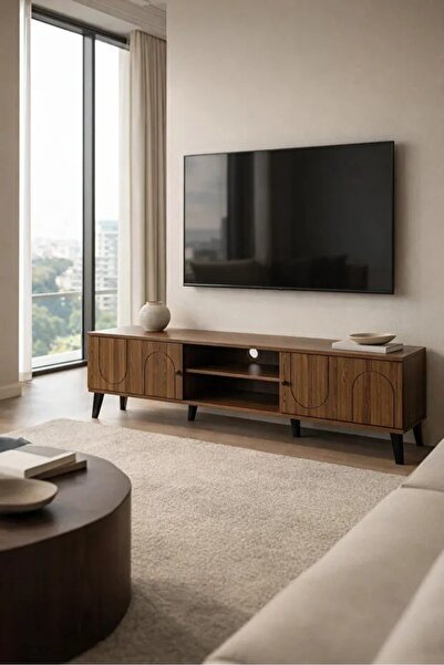 N.zone Modern wooden TV stand, dark brown, with a curved line design