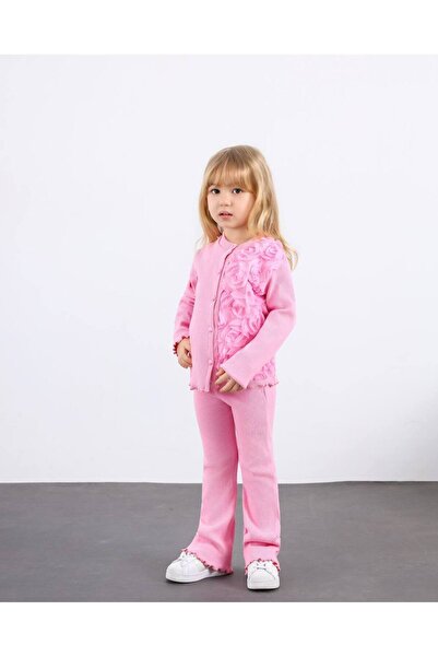 Aden Kız Çocuk Tül Gül Aplikeli Triko Hırka İkili Takım