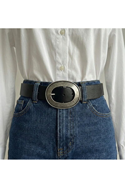 NEW JOURNAL Negru oval argintiu pentru femei cu cataramă piele sintetică cure...