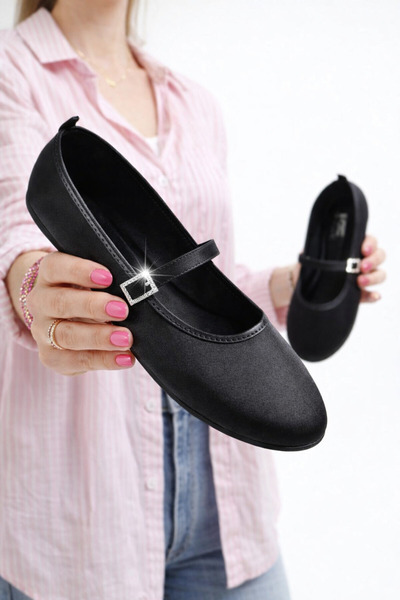 StWenn Balerini din satin cu bandă din piatră de cristal neagră