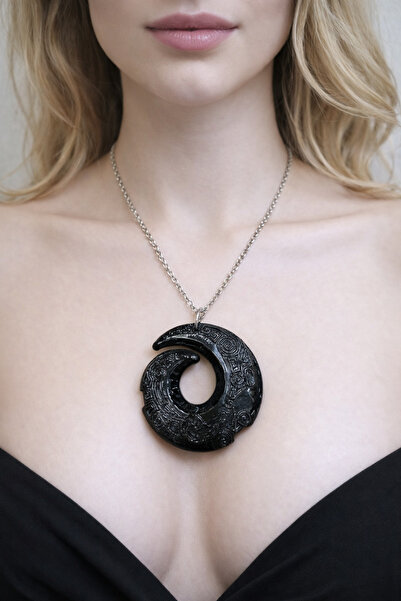 tutu tasarım alaçatı Black Carved Patterned Crescent Shaped Natural Stone Loo...