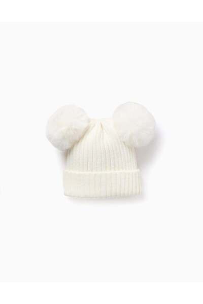 Ziddy Ribbed knit beanie with maxi pompoms for girls, white