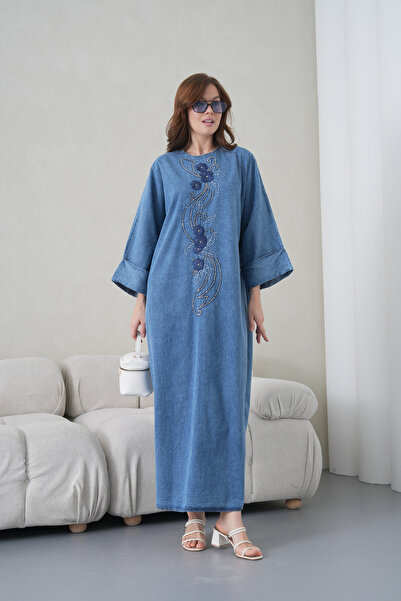 Miss Allos Women's Front Embroidered Beaded Wide Fit Long Denim Dress