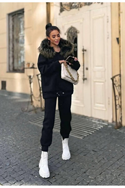 Nobrand Trening damă oversize cu glugă și guler cu blăniță, set hanorac și pa...